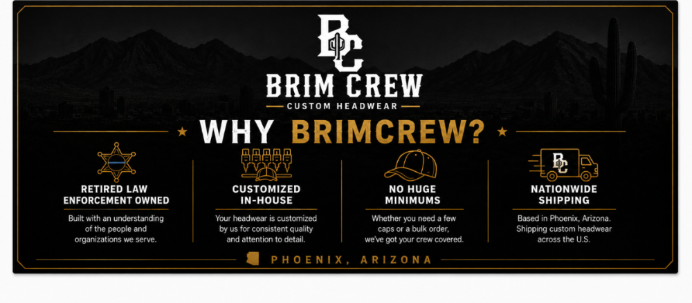 A promotional banner for Brim Crew Custom Headwear, featuring a black and dark gray background with a mountain silhouette. The banner includes the brand logo 'BC' and 'BRIM CREW' at the top, and four benefit sections below with gold and white text highlighting features like law enforcement ownership, customization, no minimum order, and nationwide shipping.