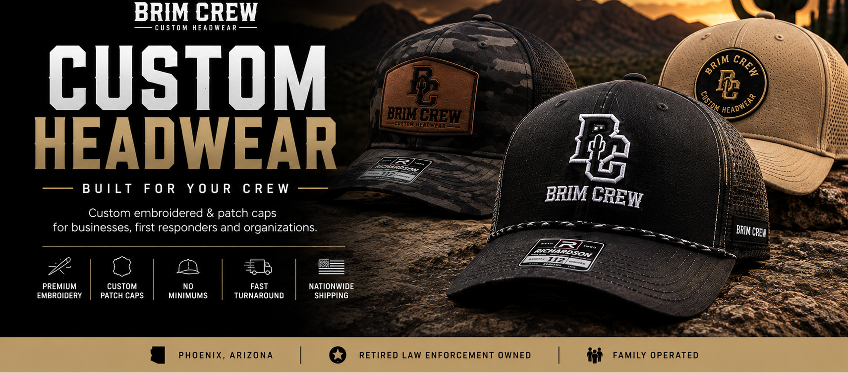 Promotional graphic for Brim Crew Custom Headwear showing three embroidered patch caps in black, tan, and brown against a desert mountain sunset background. Large text reads 'CUSTOM HEADWEAR' with smaller 'BUILT FOR YOUR CREW.